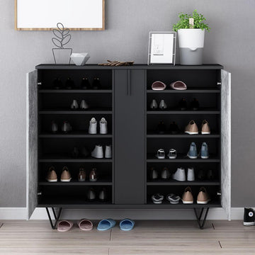Modern Shoe Cabinet Gray & Black Shoe Organizer with Doors Shelves Drawer in Small